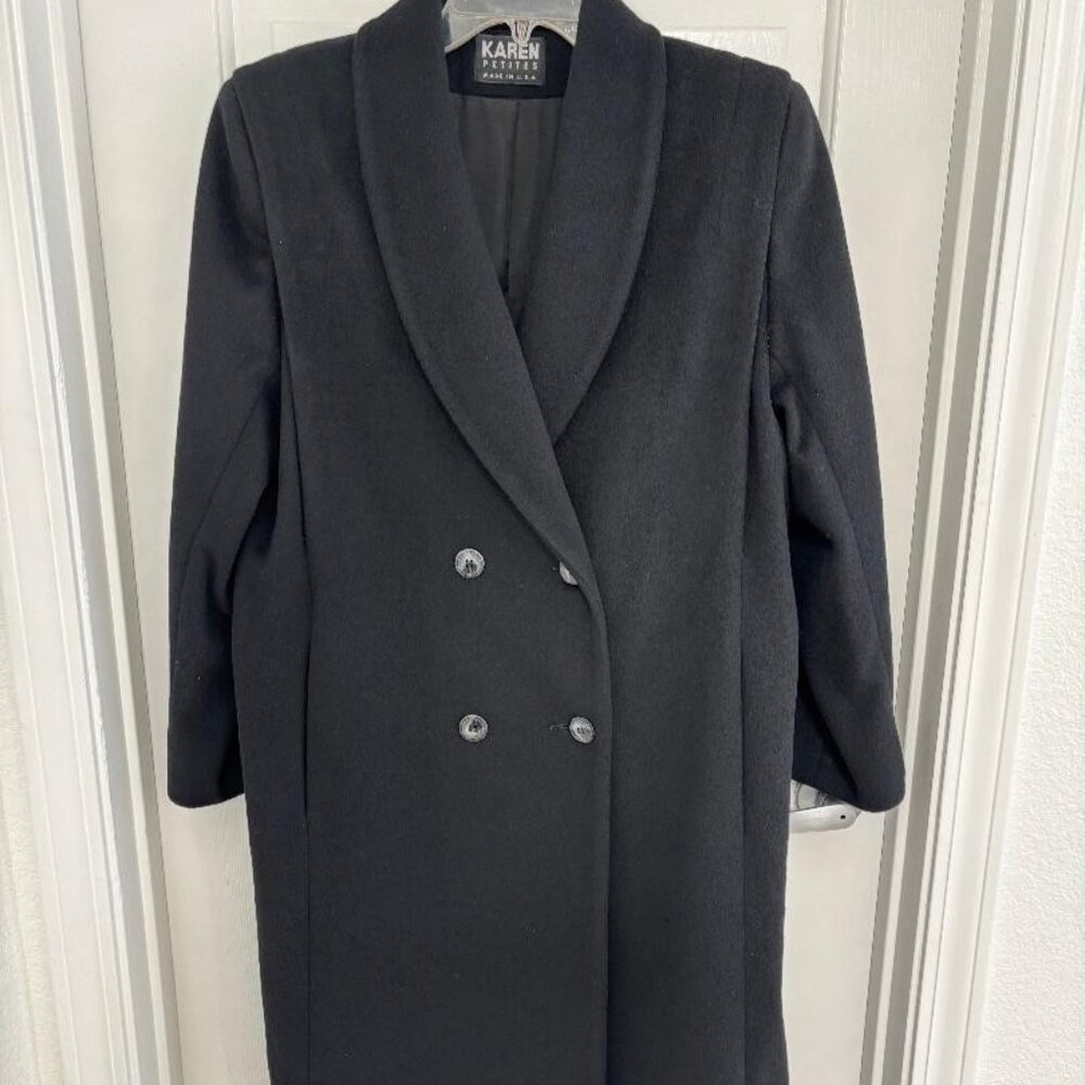 Vintage Karen Petites Black Wool Coat Jacket USA Double Breasted Petite Large